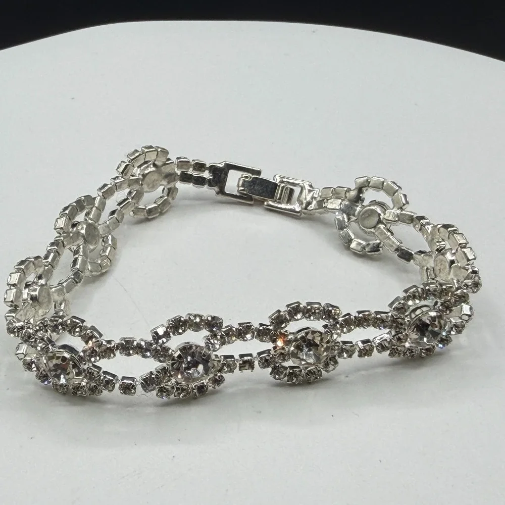 Clear Rhinestone Silver Tone Floral Link Bracelet Bridal Statement Jewelry Gift